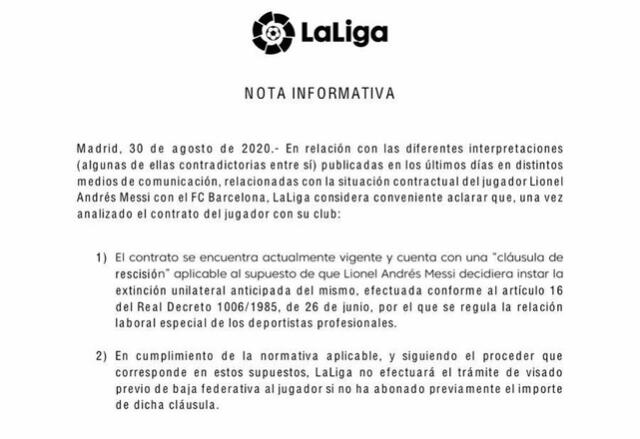 LaLiga emitió un comunicado aclarando la situación laboral de Lionel Messi. Foto: LaLiga