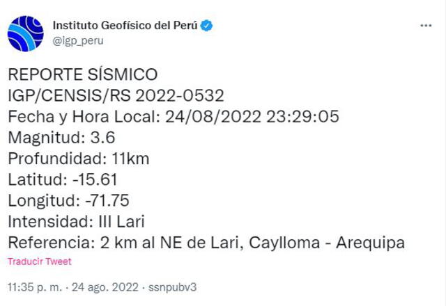 Datos del sismo en Arequipa. Foto: Twitter/@igp_peru