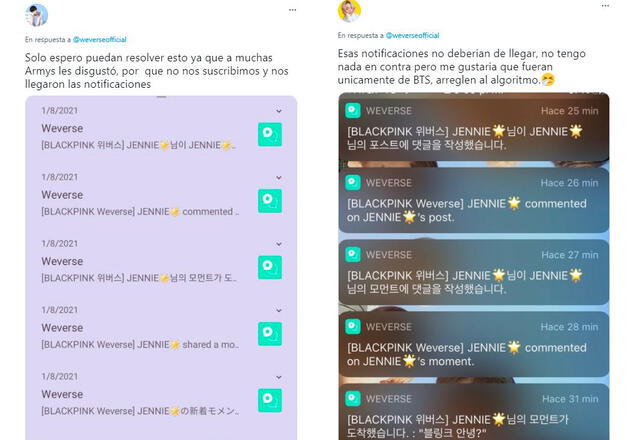 Reportan notificaciones incorrectas en Weverse tras la llegada de BLACKPINK a la app. Foto: captura Twitter