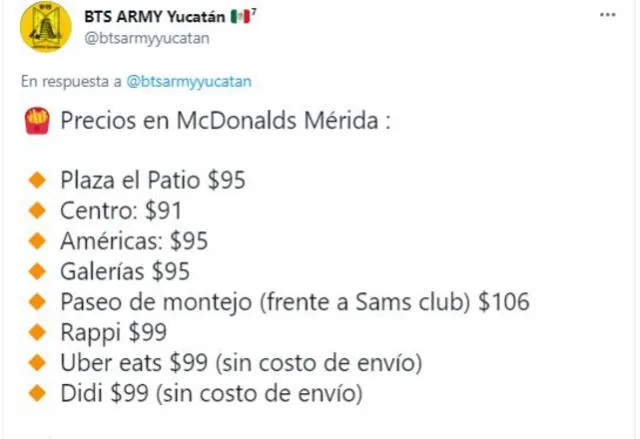 BTS Meal: precios según ARMY Yucatán. Foto: vía Twitter