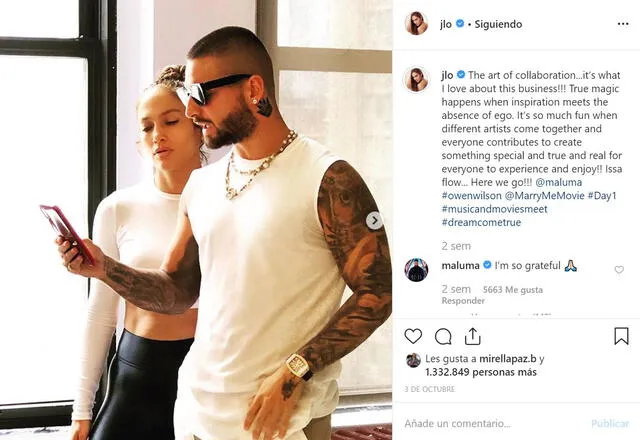 Jennifer López al lado de Maluma en Instagram