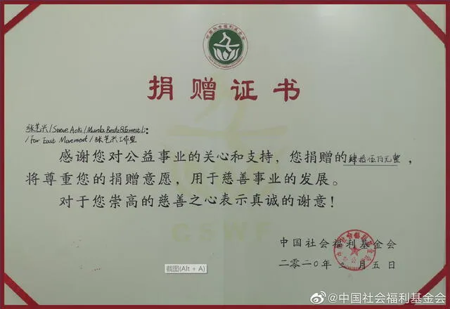 Certificado de donación de Lay Zhang y sus amigos artistas. La fecha es del 5 de marzo, pero se anunció públicamente el 13.