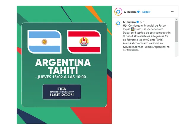 El Argentina vs. Tahití irá por TV Pública, juego válido por el Mundial de Fútbol Playa 2024. Foto: TV Pública/Instagram   