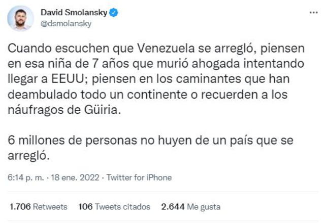 David Smolansky se pronuncia sobre el deceso de la niña venezolana en el río Grande. Foto: captura Twitter
