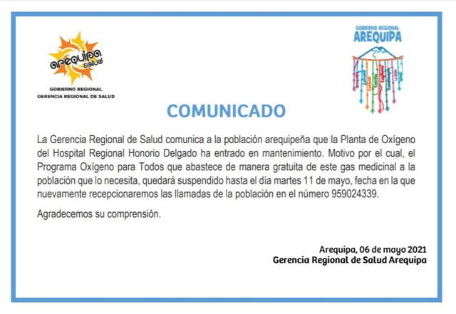 Arequipa: suspenden programa gratuito de oxígeno hasta el martes 11