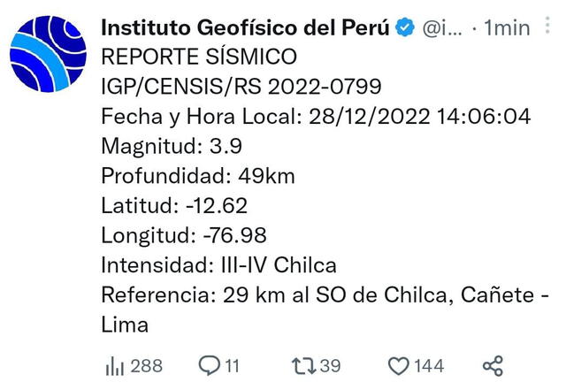 Temblor en Lima hoy, 28 de diciembre. Foto: IGP