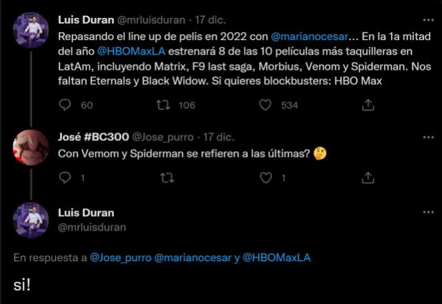 El gerente general de HBO Max en Latinoamérica, Luis Duran, confirma llegada de No way home al streamer. Foto: captura de Twitter