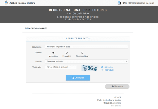 También puedes conocer tus datos de votación llamando gratuitamente al 0800-999-7237 o por la plataforma de miArgentina. Foto: captura de la CNE