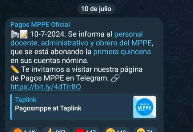 Anuncio de la primera quincena de julio 2024. Foto: Pagos MPPE   