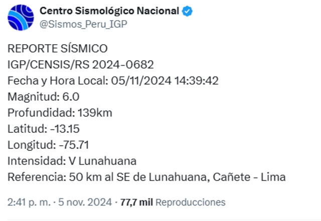 Sismo se produjo a una profundidad de 139 kilómetros. Foto: IGP   