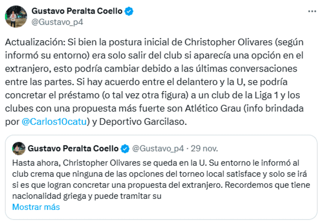  Información sobre el futuro de Christopher Olivares en Universitario. Foto: captura de Twitter   