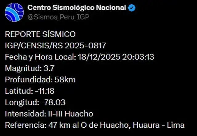 Sismo en Lima. Foto: IGP Sismo en Lima. Foto: IGP