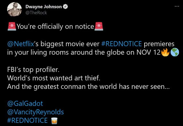 Dwayne Johnson revela fecha de estreno para Red notice. Foto: Twitter/@TheRock