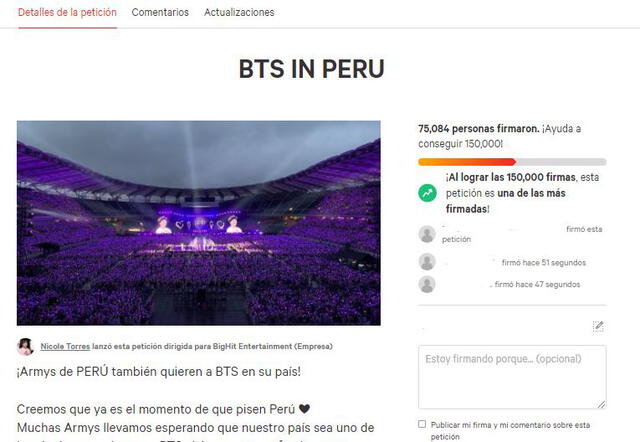 BTS en Perú: fans superaron meta de 75.000 firmas y van por más. Foto: captura change.org