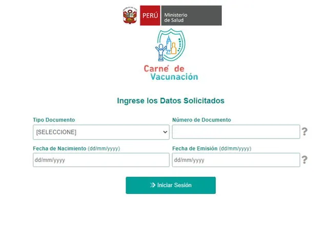 Portal Carné de Vacunación del Minsa.