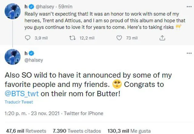 Halsey y su mensaje hacia BTS. Foto: captura.