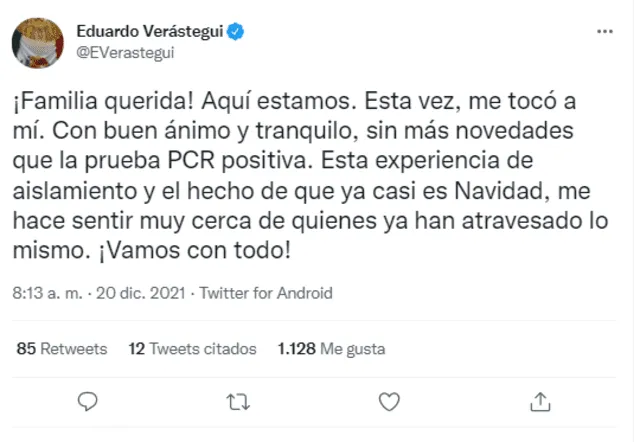 Eduardo Verástegui da positivo a COVID-19. Foto: Eduardo Verástegui/Twitter.