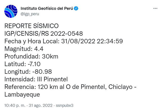 Datos del sismo en Lambayeque. Foto: captura IGP