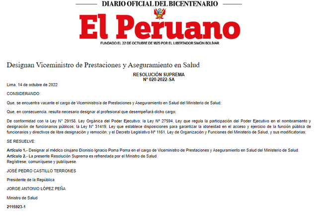 Designación se realizó el último 14 de octubre. Foto: El Peruano