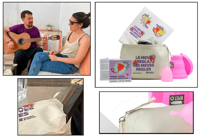  El bolso es parte de un kit que reparte la Generalitat de Catalunya como parte de una campaña de educación menstrual. Foto: composición LR/ Generalitat de Catalunya/ Ig de Irene Montero   