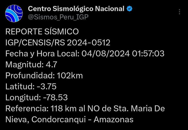  Temblor de magnitud 4,7 en el departamento de Amazonas.   