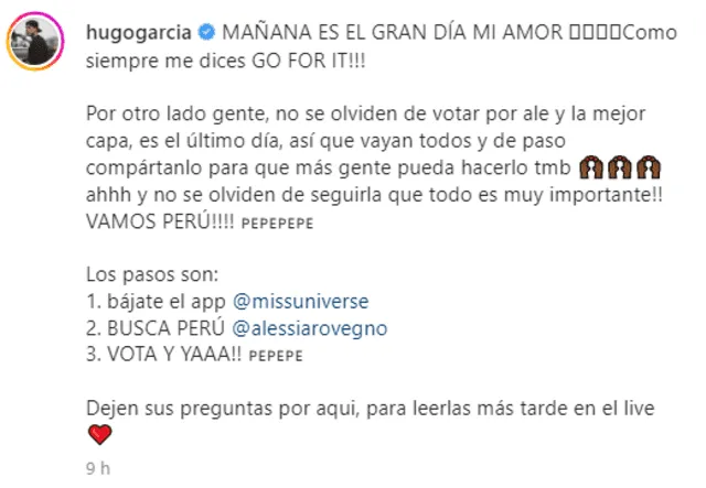 Mensaje de Hugo García  Foto: Instagram