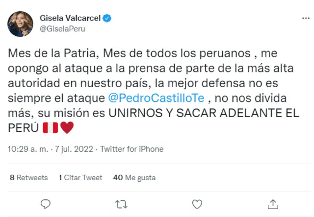 Gisela Valcárcel condena secuestro a periodista de Cuarto Poder: “Me opongo al ataque a la prensa”