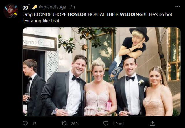 Meme sobre las fotos filtradas de Hoseok en la boda de su hermana. Foto: Twitter