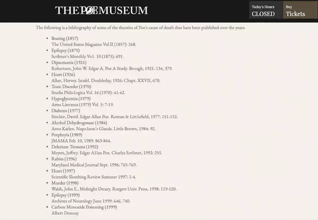 En el Museo Poe se encuentra una larga lista de las posibles causas de su muerte. (Foto: Infobae)