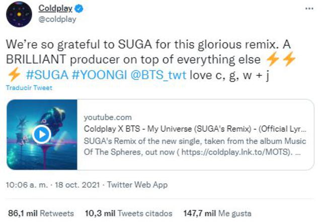 Coldplay sobre el remix de Suga. Foto: Twitter