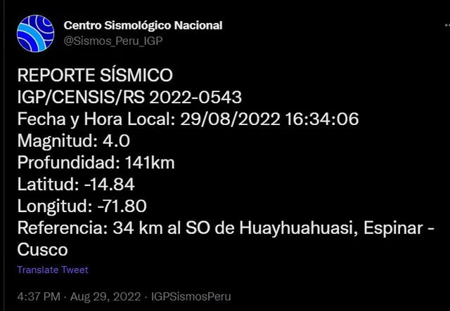 Temblor en Perú