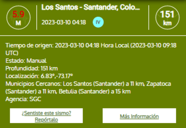 Sismo en Colombia. Foto: SGC   