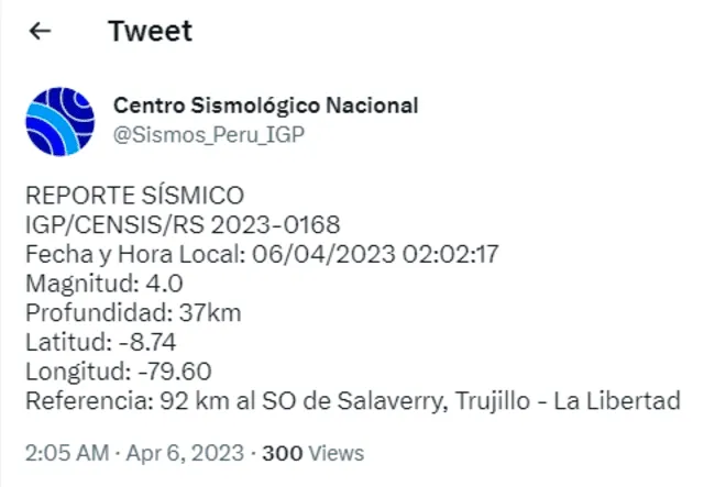 Datos del sismo en La Libertad. Foto: IGP   