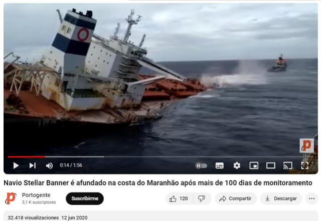  Video del 2020 muestra el hundimiento del Stellar-Banner en las costas de Brasil. Foto: captura en Youtube / Portogente.    