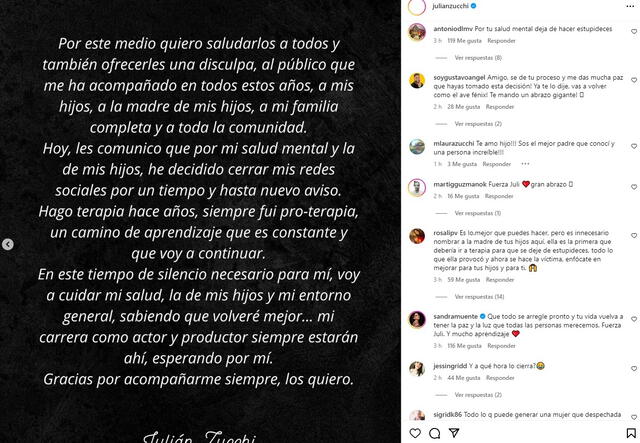 Julián Zucchi emitió un extenso comunicado en Instagram. Foto: Instagram/Julián Zucchi   