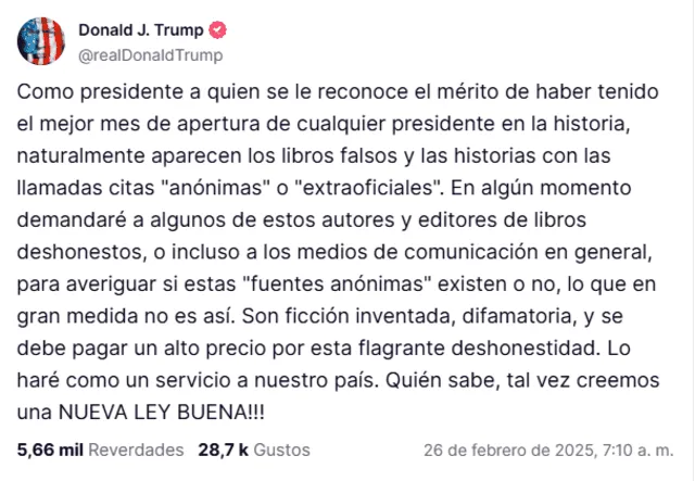 El presidente de Estados Unidos, Donald Trump, lanzó una nueva advertencia contra los medios de comunicación. Foto: captura de pantalla de Truth Social El presidente de Estados Unidos, Donald Trump, lanzó una nueva advertencia contra los medios de comunicación. Foto: captura de pantalla de Truth Social
