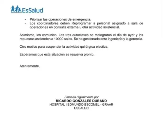 Memorándum donde se suspenden cirugías en el Hospital Edmundo Escomel. Foto: Wilder Pari / La República.   