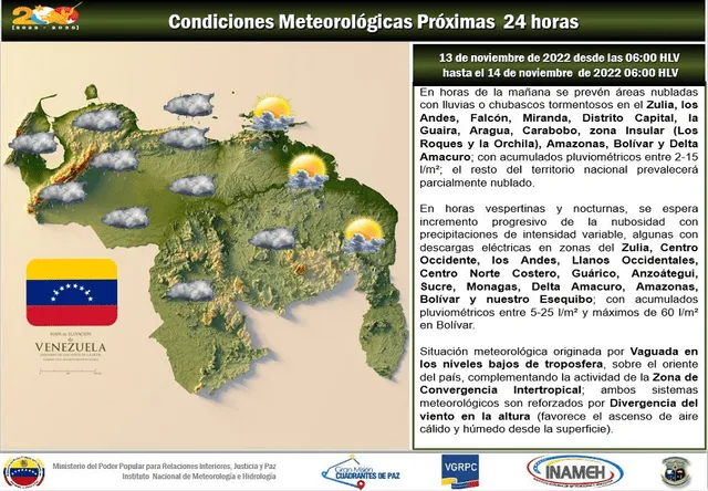 Condiciones meteorológica en Venezuela para este 13 de noviembre de 2022. Foto: @INAMEH/ Twitter