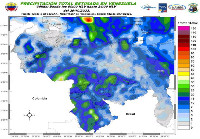 Principales precipitaciones en Venezuela para este 29 de octubre de 2022. Foto: @INAMEH/ captura