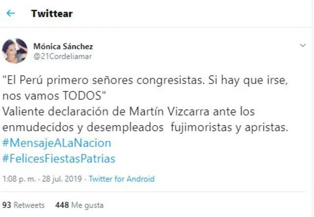  Mónica Sánchez llama “valiente” a Martín Vizcarra por mensaje a la Nación