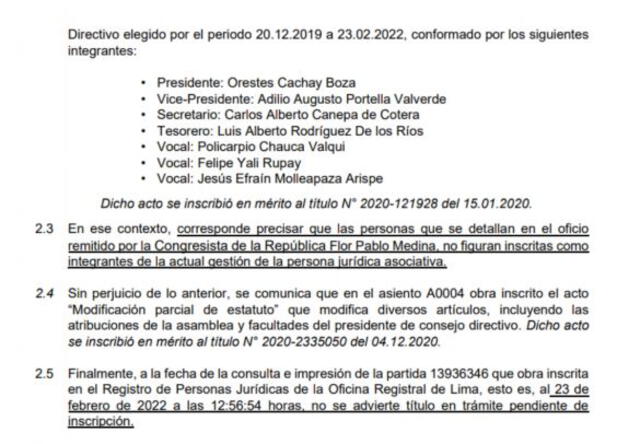 Documento solicitado por la congresista Flor Pablo Medina sobre información brindada para saber quiénes integran la Anupp. Foto: Sunarp
