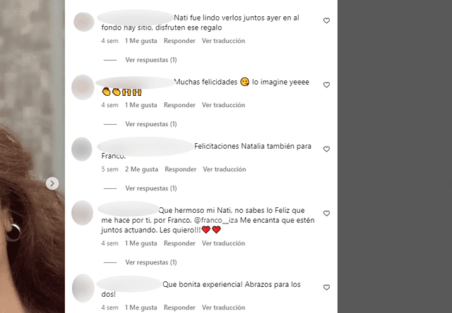  Los comentarios de los fans de "Al fondo hay sitio" a la dupla Franco Iza y Natalia Montoya. Foto: Natalia Montoya/Instagram   