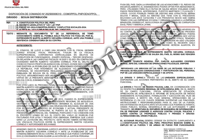 Informe de la PNP sobre posible fuga de Martín Vizcarra. Foto: La República Informe de la PNP sobre posible fuga de Martín Vizcarra. Foto: La República