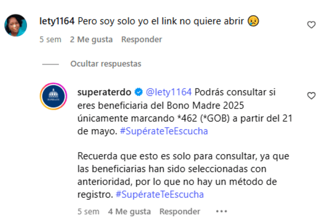 Supérate explicó que este servicio telefónico solo sirve para consultar el bono Madre y no como un enlace de registro. Supérate explicó que este servicio telefónico solo sirve para consultar el bono Madre y no como un enlace de registro.