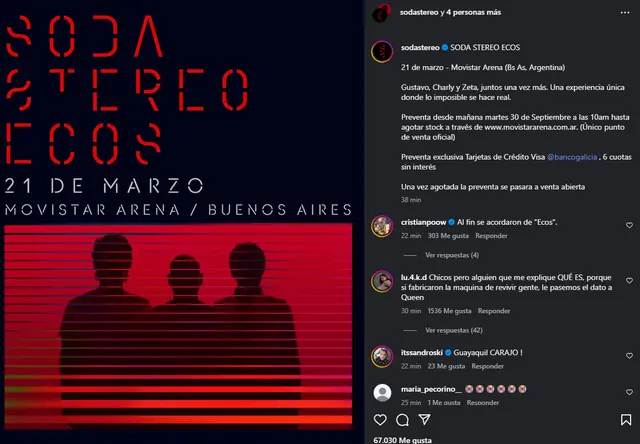 Publicación de Soda Stereo anunciando concierto en Argentina. Foto: Instagram.    