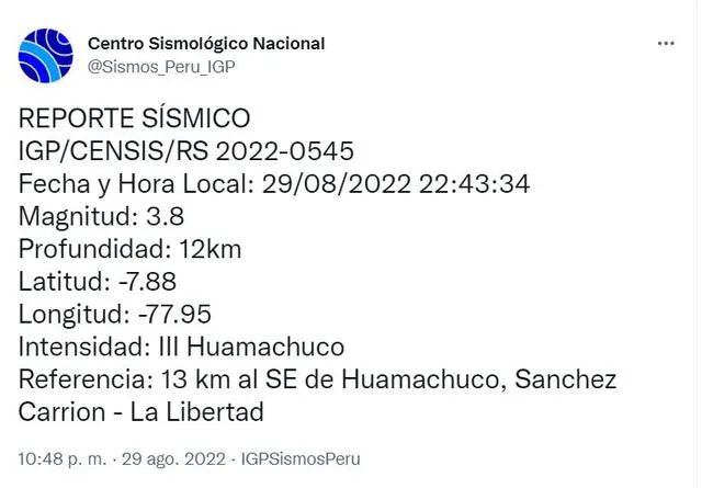 Datos del sismo en La Libertad. Foto: captura IGP