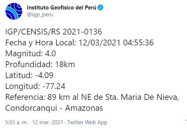 Datos del temblor en Amazonas, según IGP. Foto: Twitter