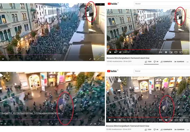 Comparación. A la derecha de la imagen se encuentran los fragmentos del video en Facebook. Y al lado izquierdo están los partes del video que se registraron en noviembre de 2019. Foto: composición Verificador LR.