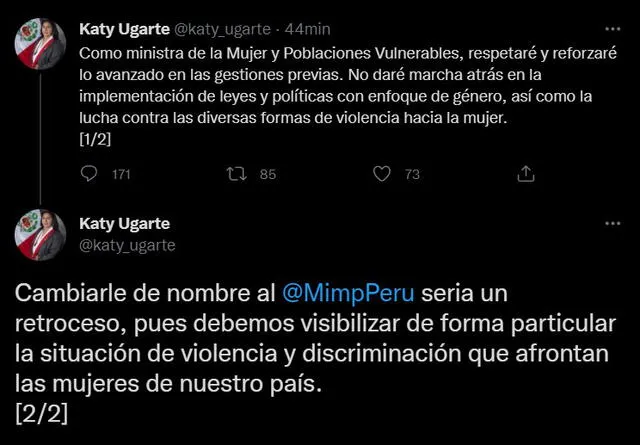 Ministra Ugarte se pronuncia ante críticas por su designación. Foto: captura de Twitter