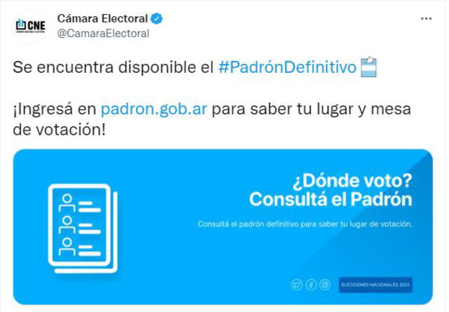 La CNE ya hizo oficial la lista del padron electoral. Foto: captura Twitter Cámara Electoral